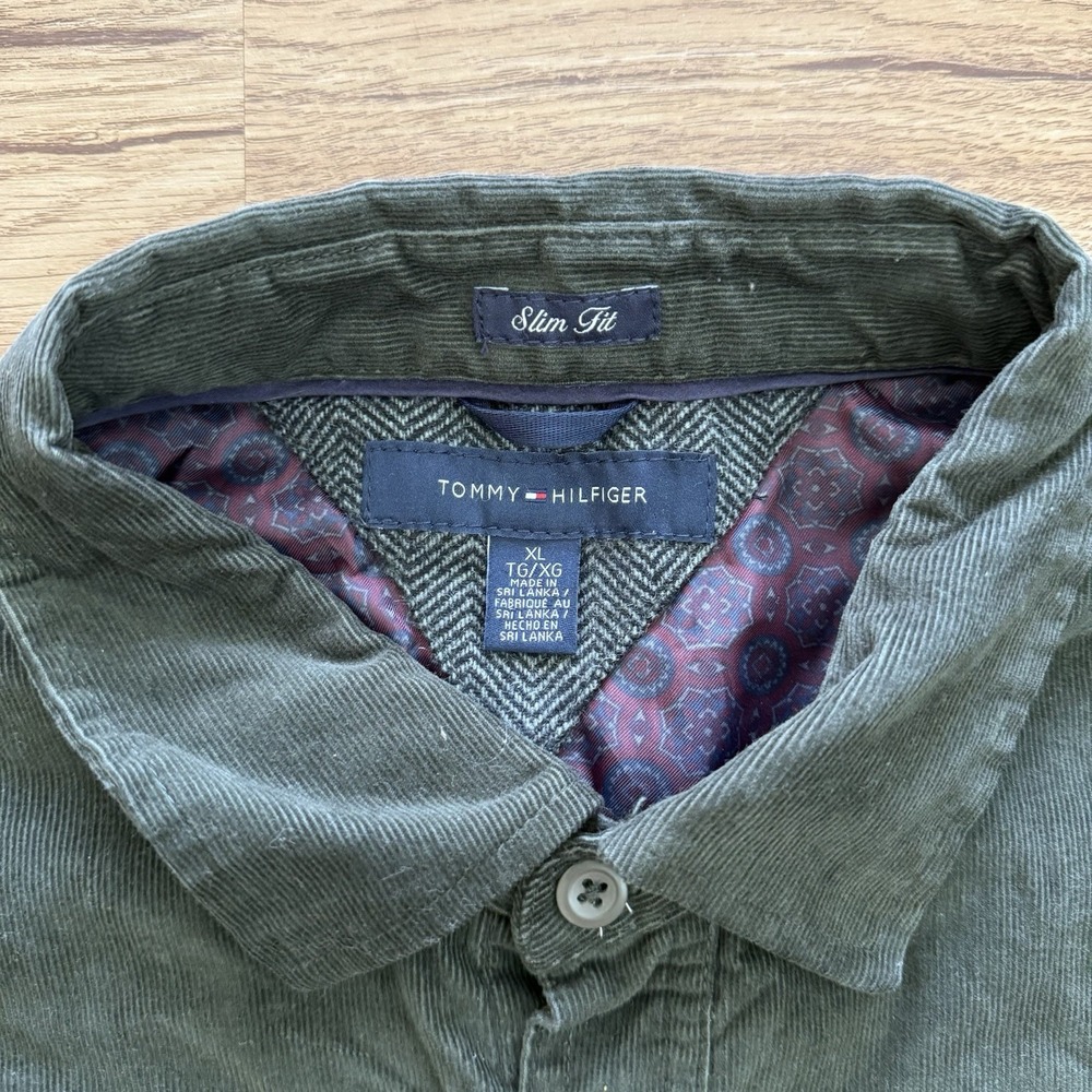 Tommy Hilfiger Shirt Mens XL Slim Fit Green Corduroy Button Up Elbow Patches - Picture 2 of 7